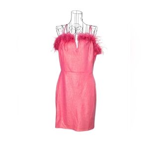 NWT Main Strip Vibrant Shimmer Pink Dress with Feather Accents